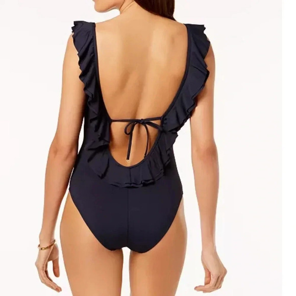 MICHAEL‎ Michael Kors Slate Gray Ruffled Scoop-Back One-Piece Swimsuit. Size 8. - Picture 4 of 16